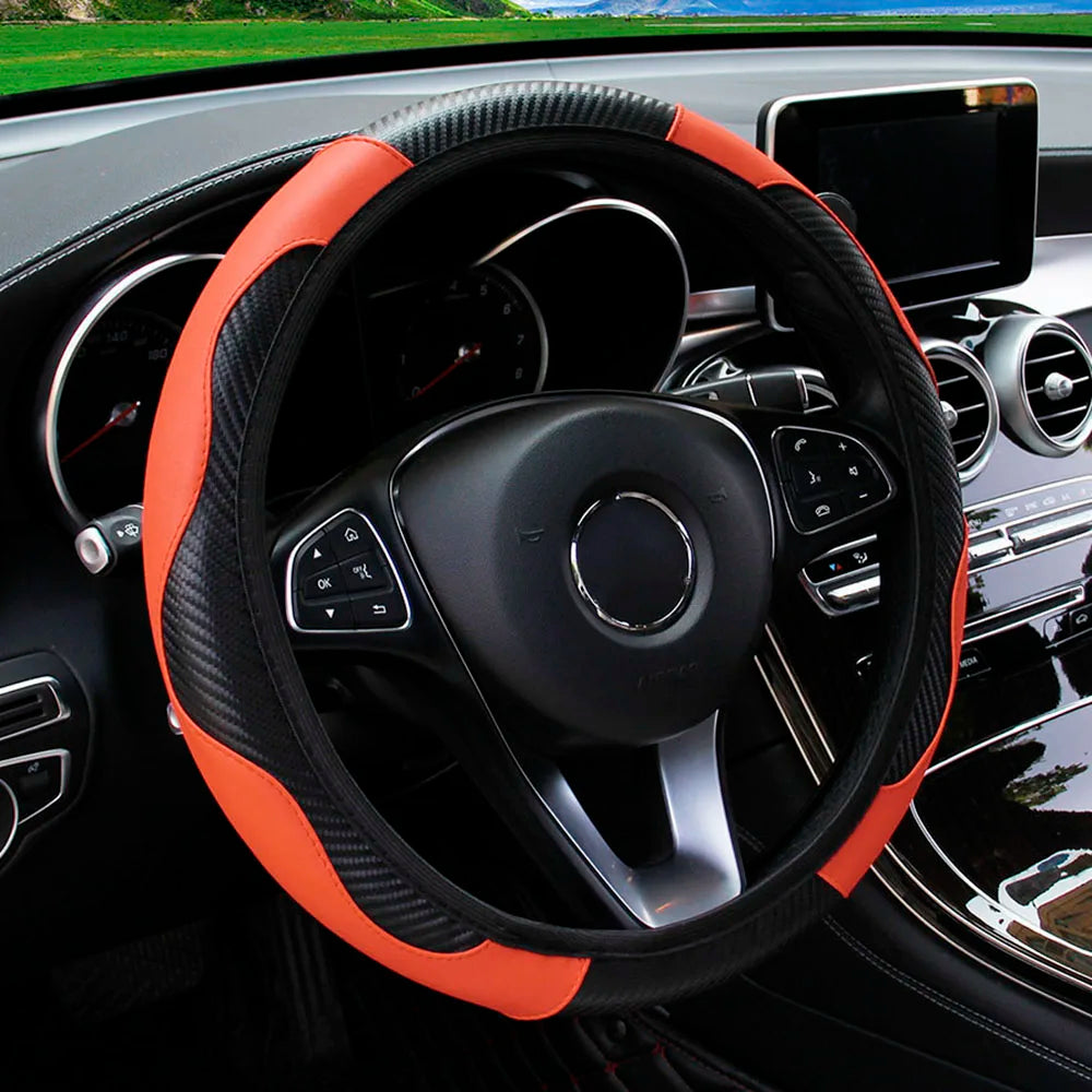 PU Carbon Fiber Leather Steering Wheel Cover – Universal Fit for 14.5–15 Inch Car Steering Wheels