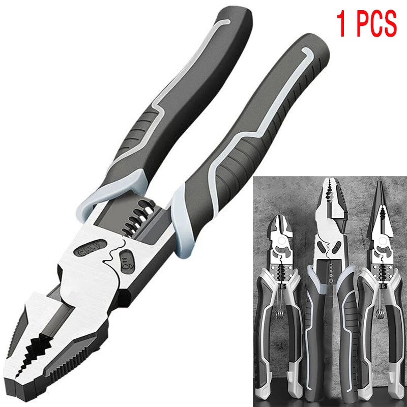 Professional multifunctional needle nose pliers with ergonomic handle, heavy-duty carbon steel wire cutter tool for electrical DIY projects.