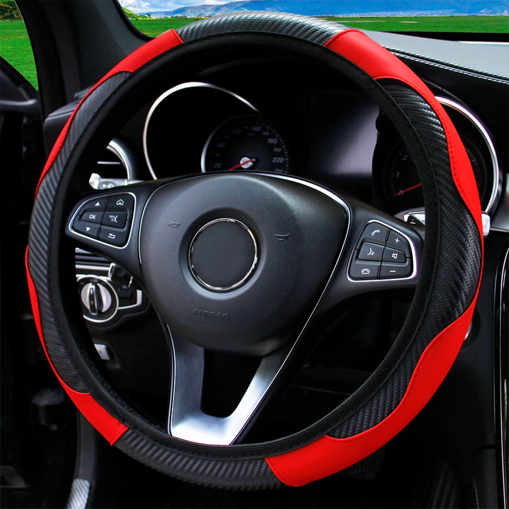 PU Carbon Fiber Leather Steering Wheel Cover – Universal Fit for 14.5–15 Inch Car Steering Wheels