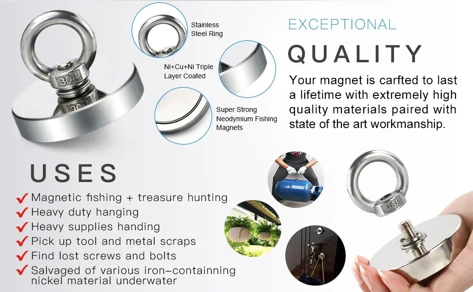 Heavy-Duty Neodymium Fishing Magnet with Eyebolt Hook