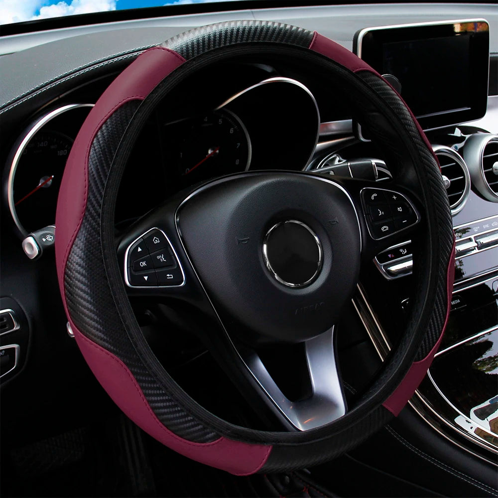 PU Carbon Fiber Leather Steering Wheel Cover – Universal Fit for 14.5–15 Inch Car Steering Wheels