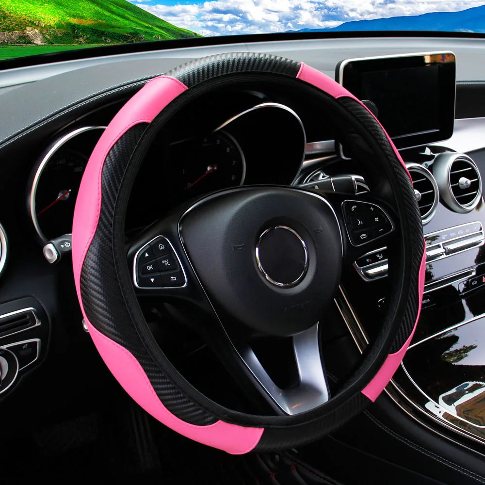 PU Carbon Fiber Leather Steering Wheel Cover – Universal Fit for 14.5–15 Inch Car Steering Wheels