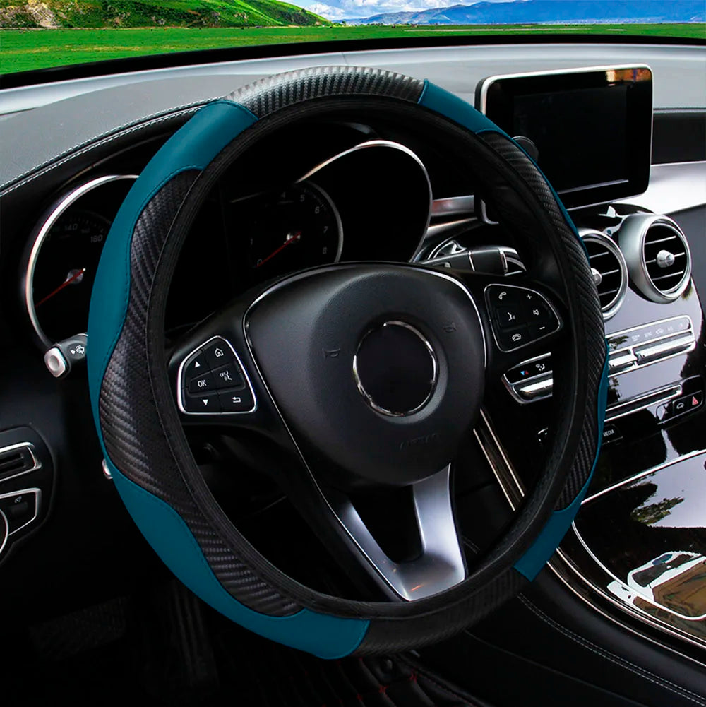 PU Carbon Fiber Leather Steering Wheel Cover – Universal Fit for 14.5–15 Inch Car Steering Wheels