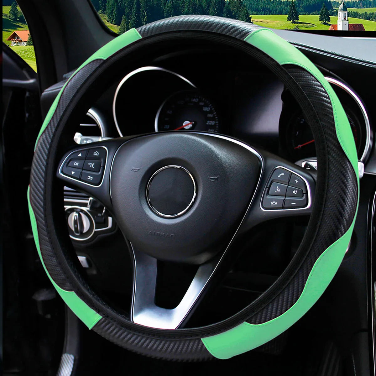 PU Carbon Fiber Leather Steering Wheel Cover – Universal Fit for 14.5–15 Inch Car Steering Wheels