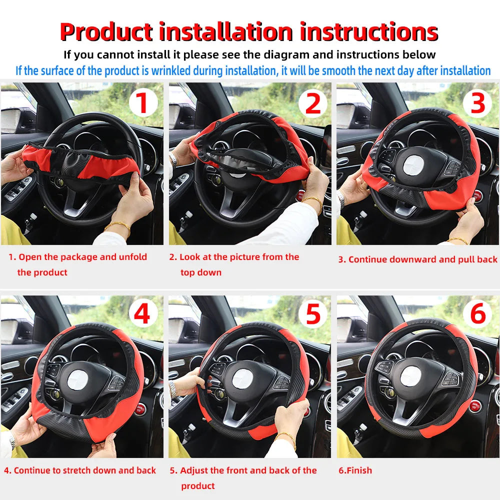 PU Carbon Fiber Leather Steering Wheel Cover – Universal Fit for 14.5–15 Inch Car Steering Wheels