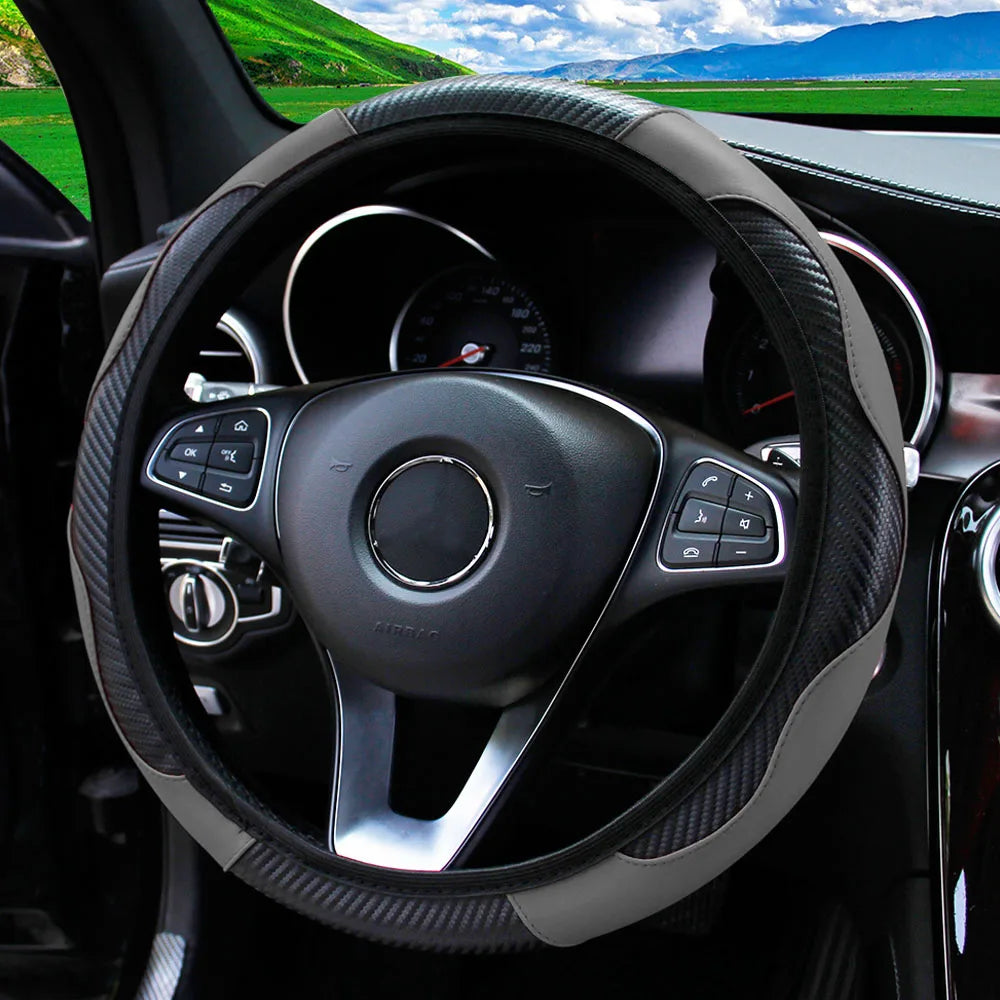 PU Carbon Fiber Leather Steering Wheel Cover – Universal Fit for 14.5–15 Inch Car Steering Wheels