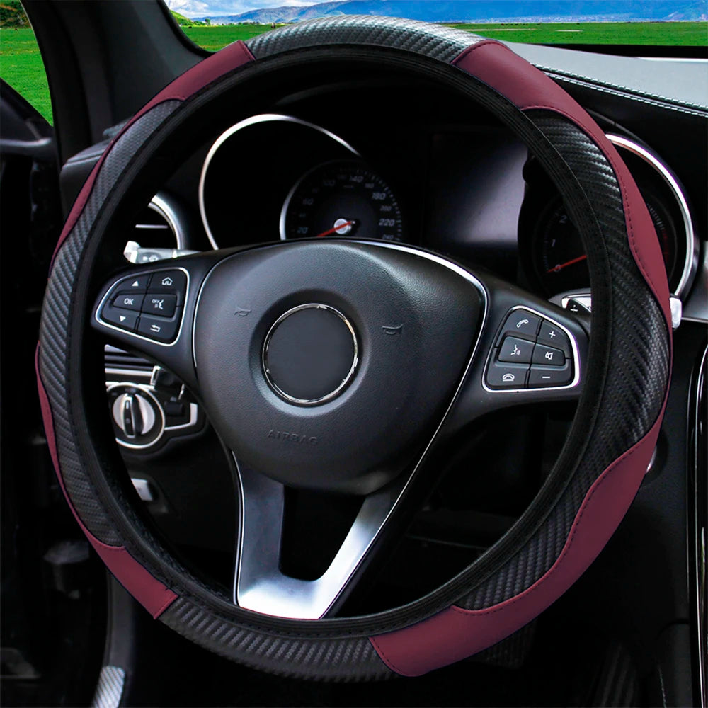 PU Carbon Fiber Leather Steering Wheel Cover – Universal Fit for 14.5–15 Inch Car Steering Wheels