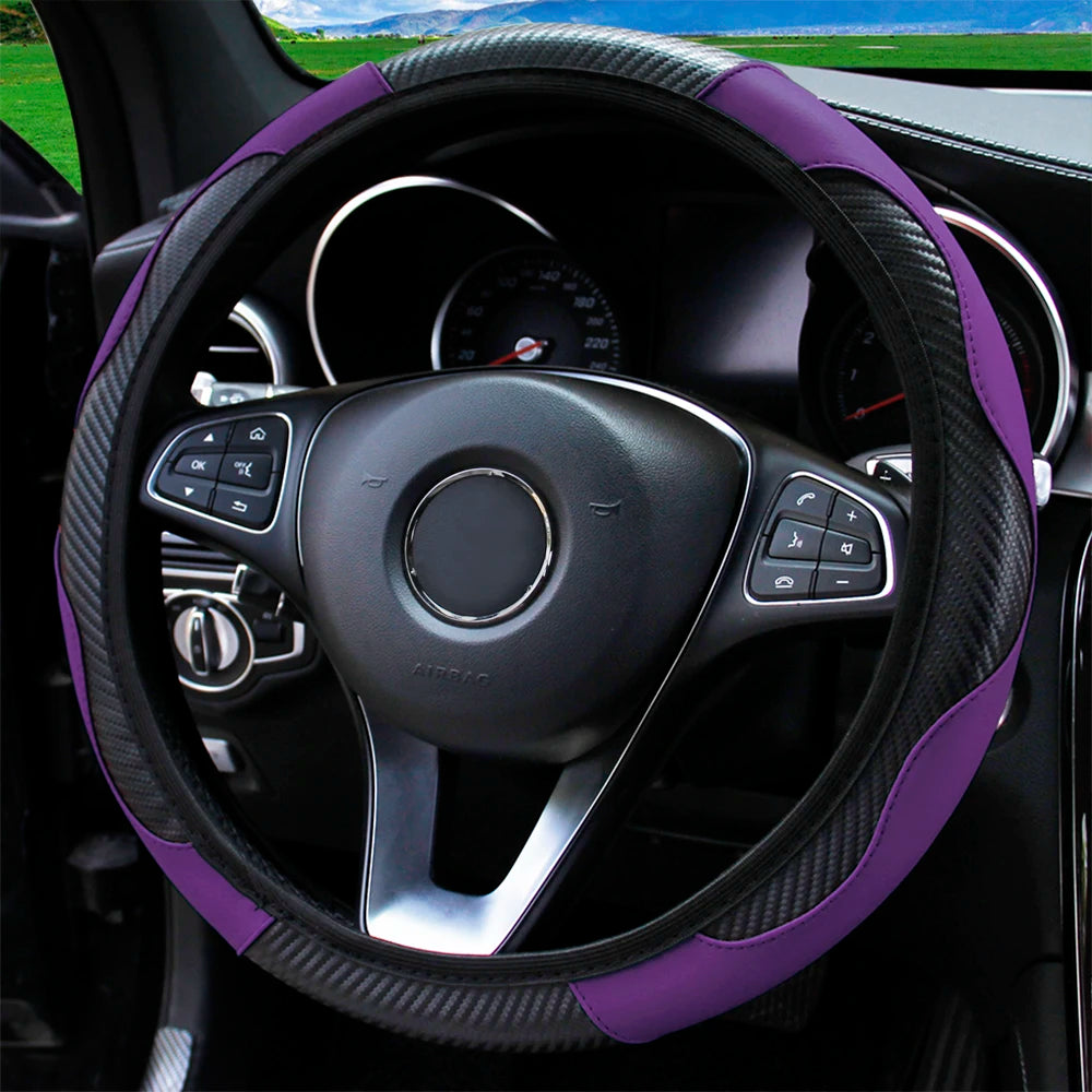 PU Carbon Fiber Leather Steering Wheel Cover – Universal Fit for 14.5–15 Inch Car Steering Wheels