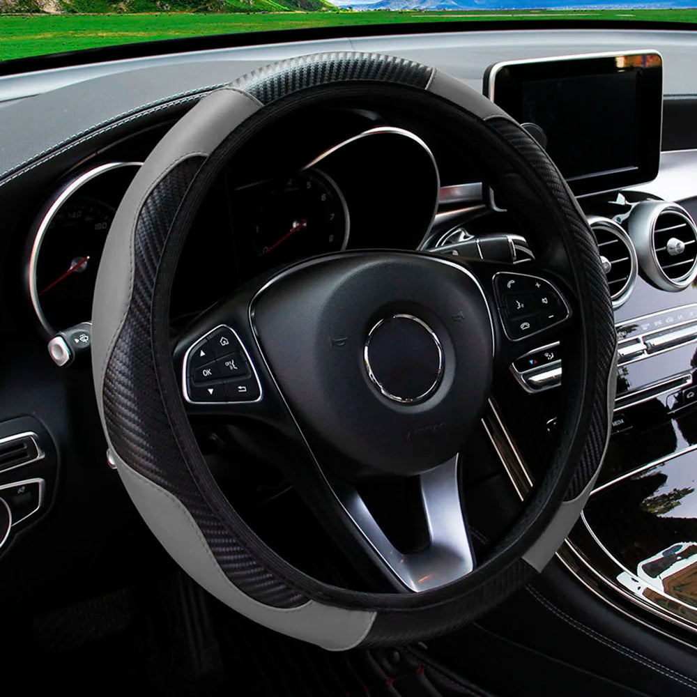 PU Carbon Fiber Leather Steering Wheel Cover – Universal Fit for 14.5–15 Inch Car Steering Wheels