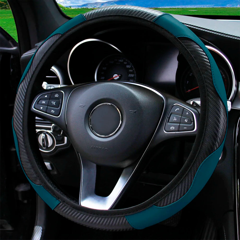 PU Carbon Fiber Leather Steering Wheel Cover – Universal Fit for 14.5–15 Inch Car Steering Wheels