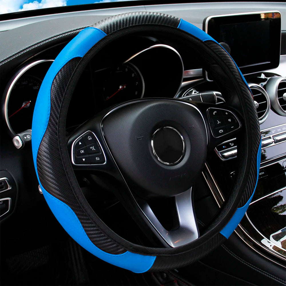 PU Carbon Fiber Leather Steering Wheel Cover – Universal Fit for 14.5–15 Inch Car Steering Wheels