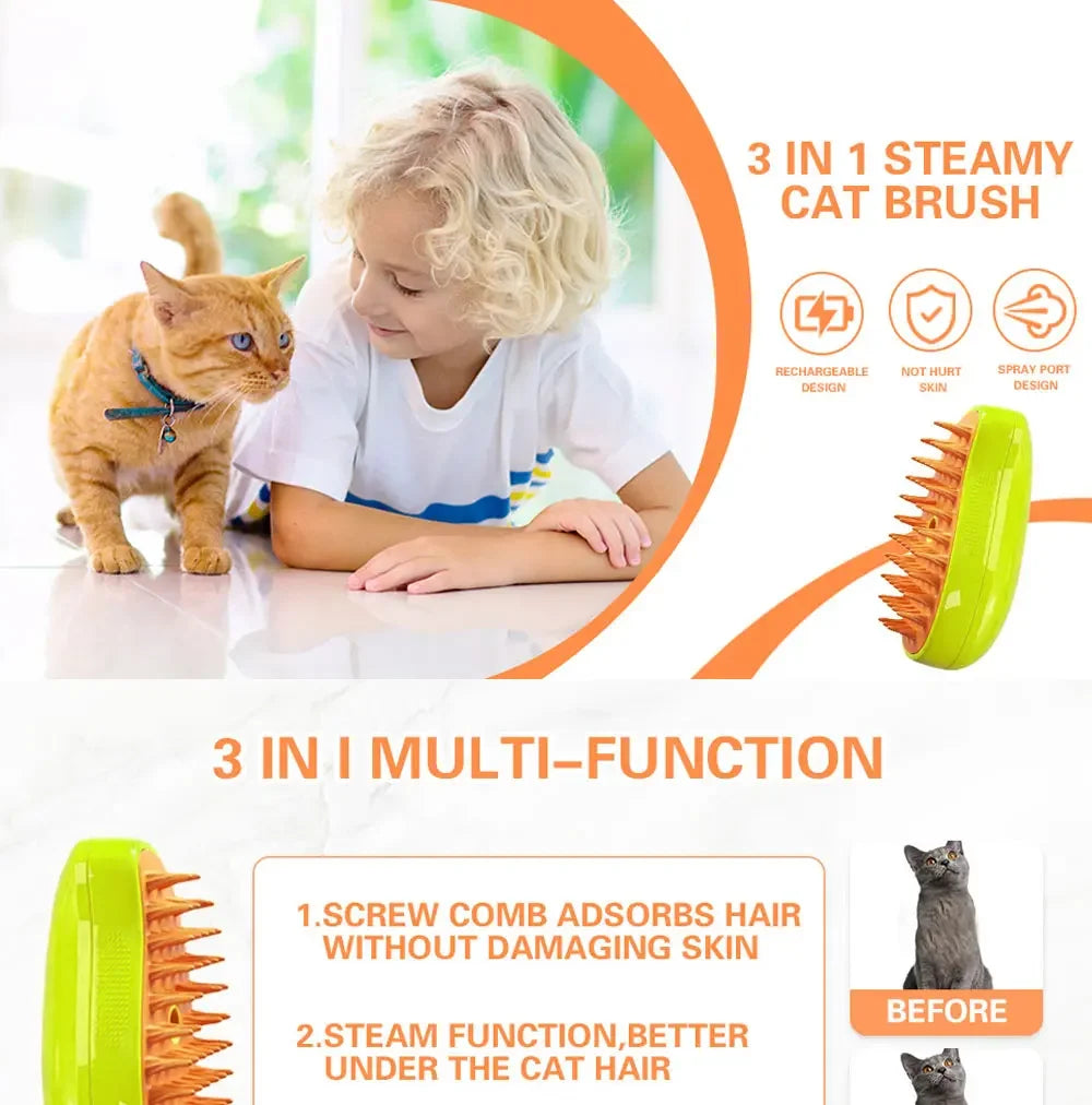 3-in-1 Electric Steam Pet Brush for Cats & Dogs – Grooming, Deshedding & Massage