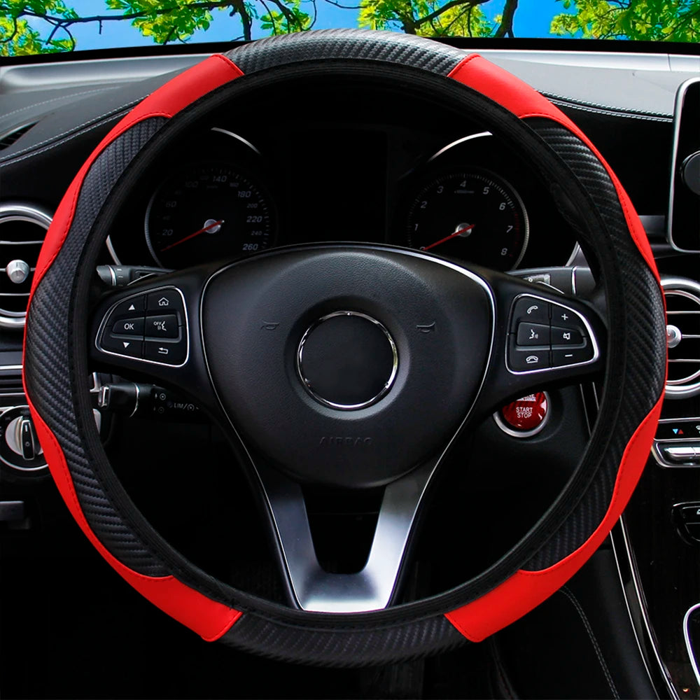 PU Carbon Fiber Leather Steering Wheel Cover – Universal Fit for 14.5–15 Inch Car Steering Wheels