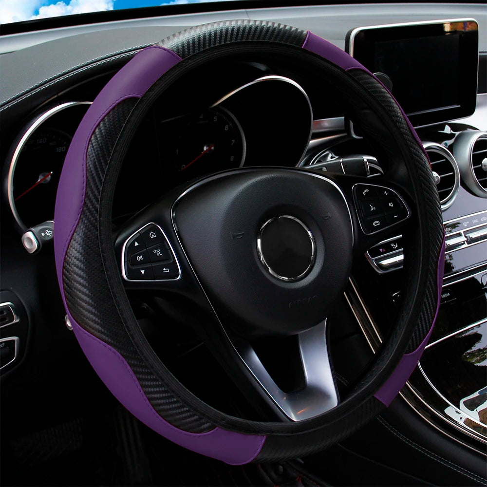 PU Carbon Fiber Leather Steering Wheel Cover – Universal Fit for 14.5–15 Inch Car Steering Wheels