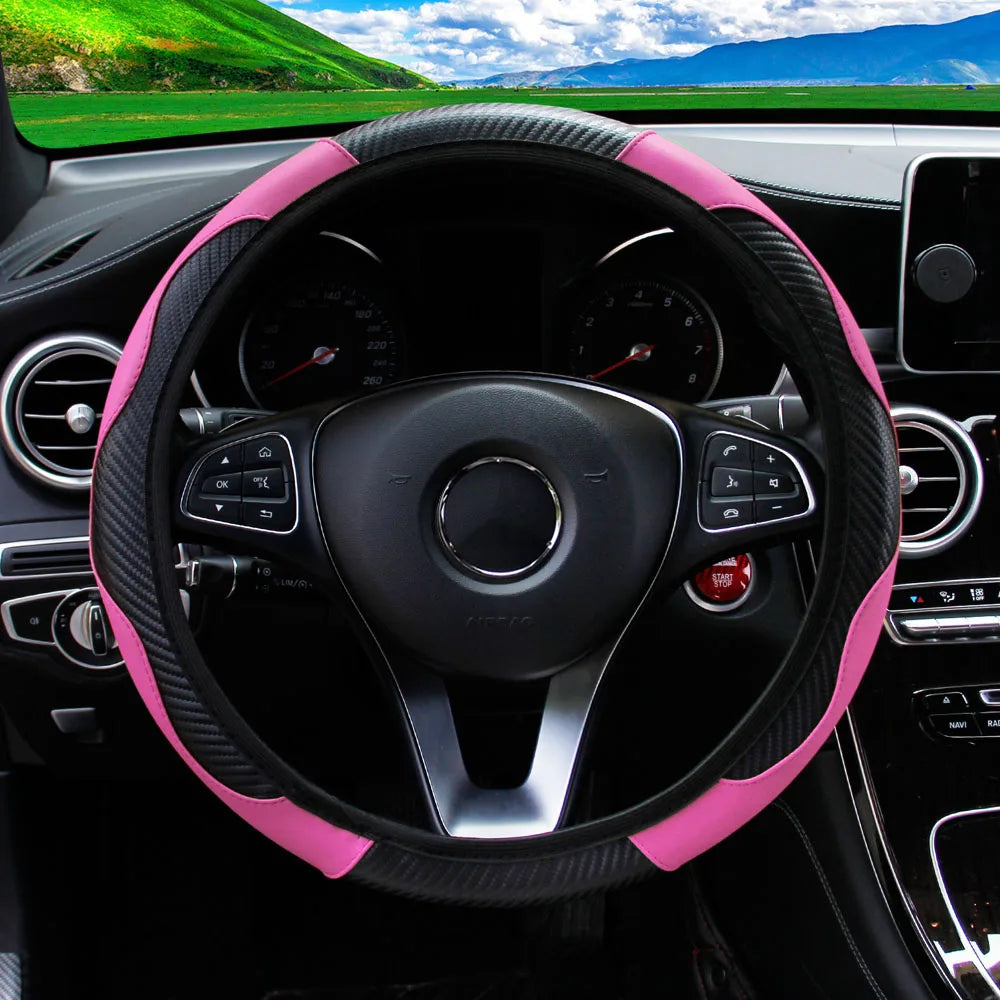 PU Carbon Fiber Leather Steering Wheel Cover – Universal Fit for 14.5–15 Inch Car Steering Wheels