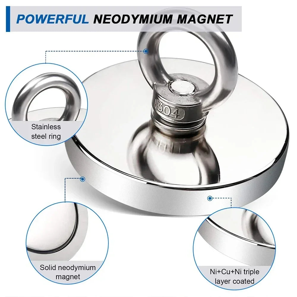 Heavy-Duty Neodymium Fishing Magnet with Eyebolt Hook
