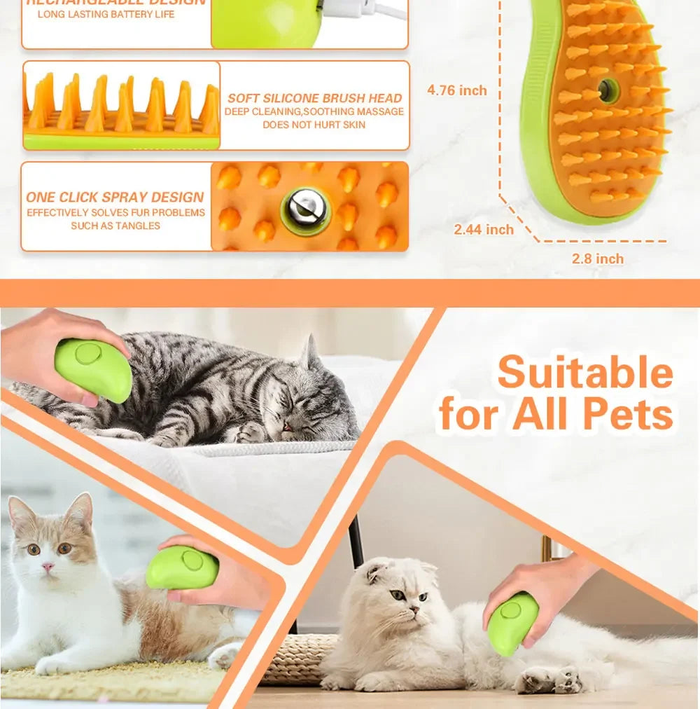 3-in-1 Electric Steam Pet Brush for Cats & Dogs – Grooming, Deshedding & Massage