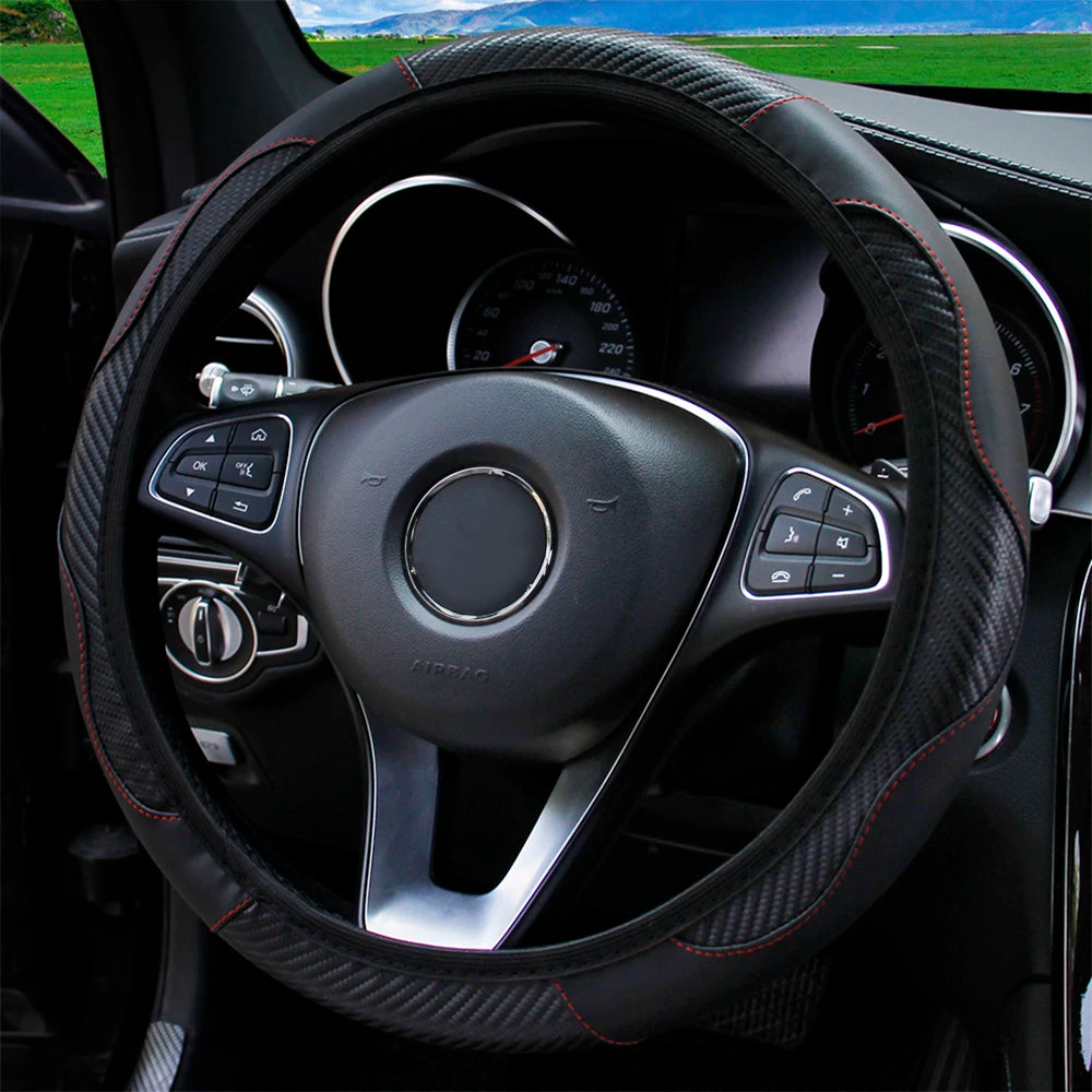 PU Carbon Fiber Leather Steering Wheel Cover – Universal Fit for 14.5–15 Inch Car Steering Wheels