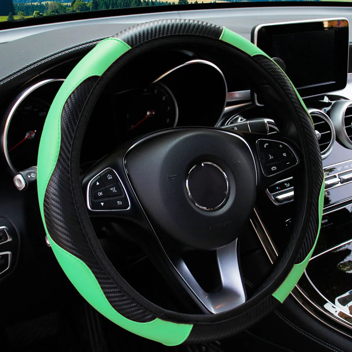 PU Carbon Fiber Leather Steering Wheel Cover – Universal Fit for 14.5–15 Inch Car Steering Wheels