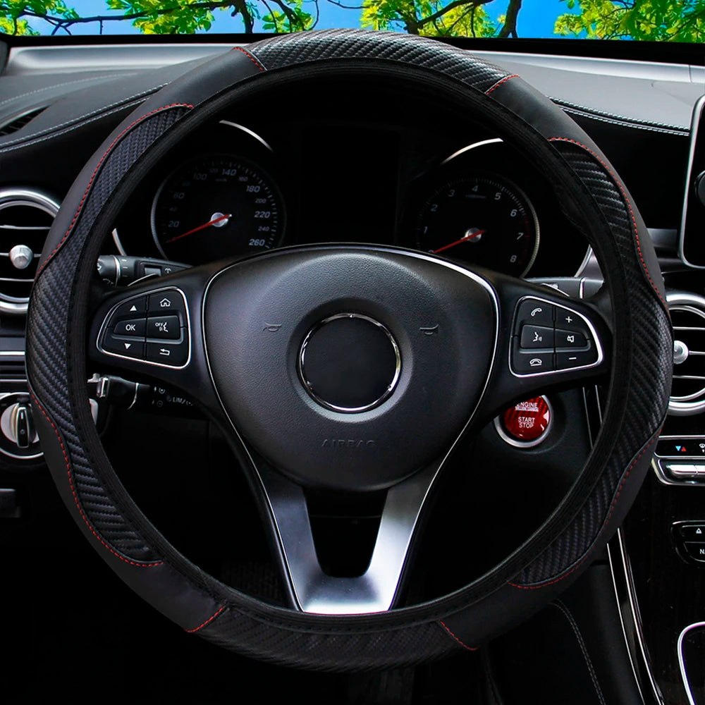 PU Carbon Fiber Leather Steering Wheel Cover – Universal Fit for 14.5–15 Inch Car Steering Wheels