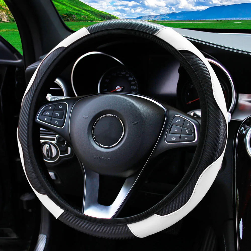 PU Carbon Fiber Leather Steering Wheel Cover – Universal Fit for 14.5–15 Inch Car Steering Wheels
