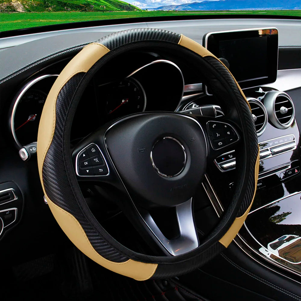 PU Carbon Fiber Leather Steering Wheel Cover – Universal Fit for 14.5–15 Inch Car Steering Wheels
