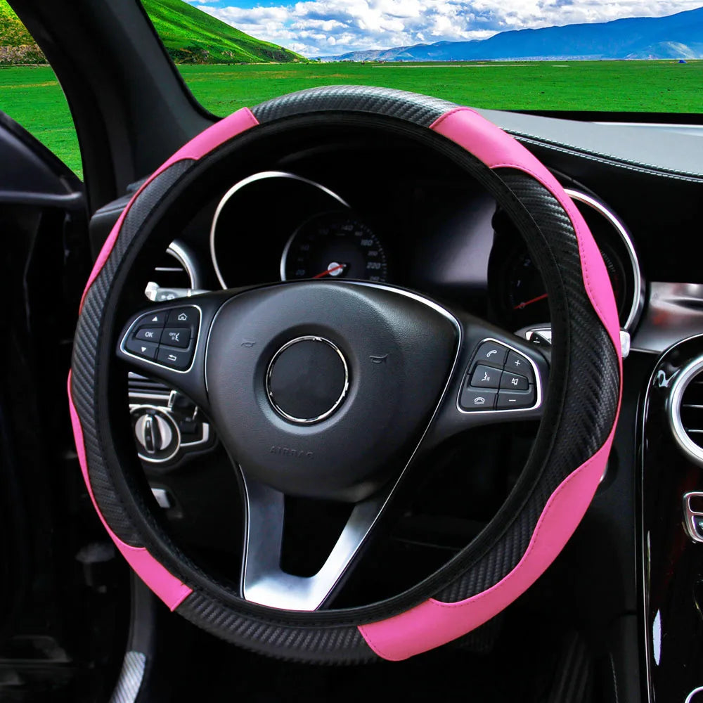 PU Carbon Fiber Leather Steering Wheel Cover – Universal Fit for 14.5–15 Inch Car Steering Wheels