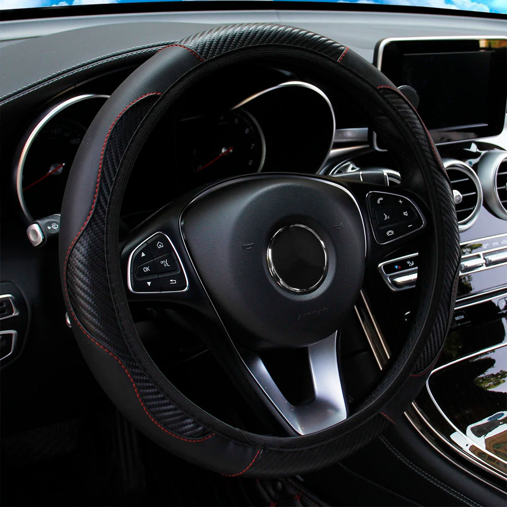 PU Carbon Fiber Leather Steering Wheel Cover – Universal Fit for 14.5–15 Inch Car Steering Wheels