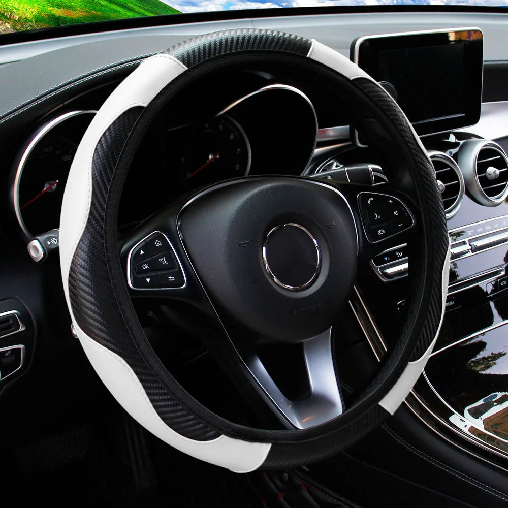 PU Carbon Fiber Leather Steering Wheel Cover – Universal Fit for 14.5–15 Inch Car Steering Wheels