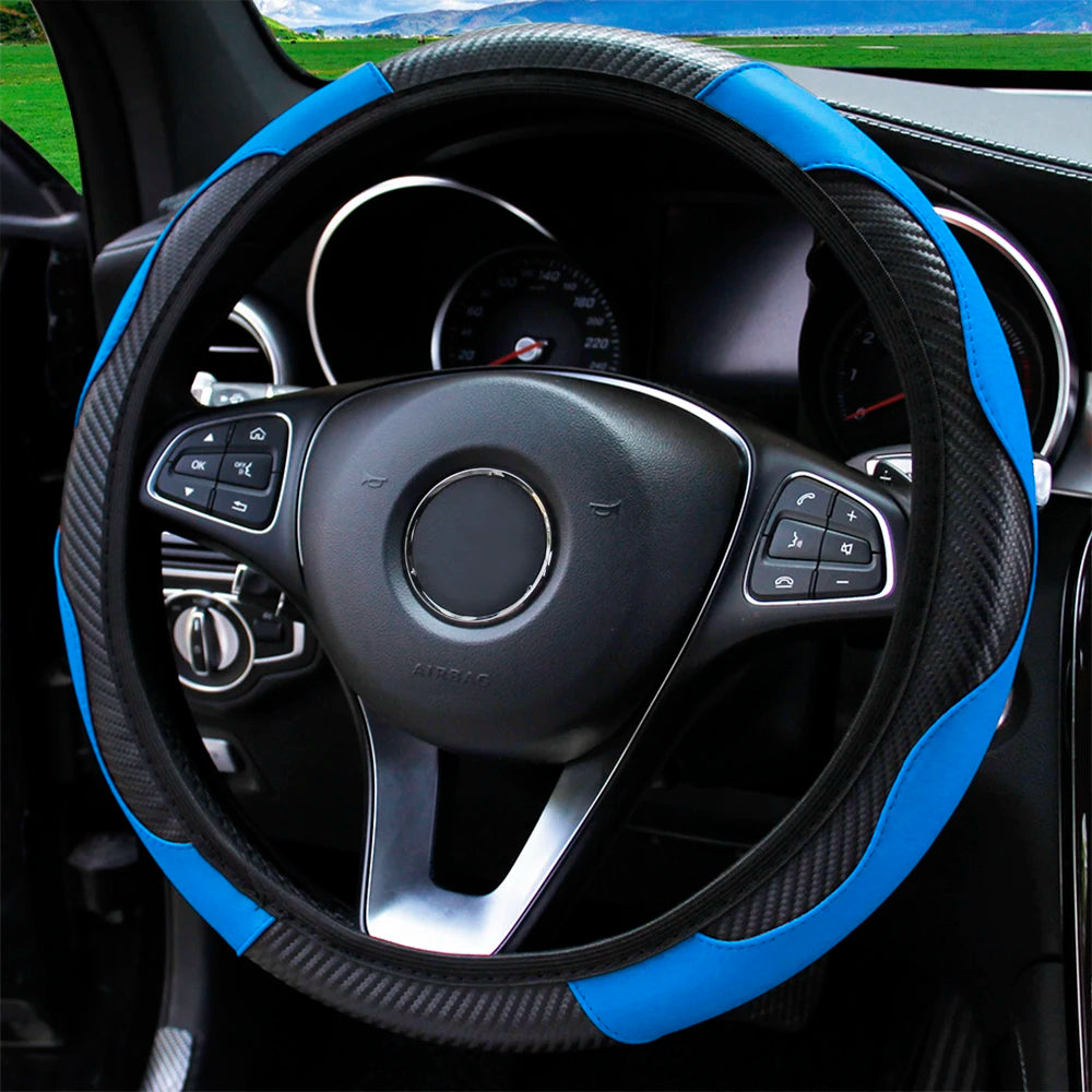 PU Carbon Fiber Leather Steering Wheel Cover – Universal Fit for 14.5–15 Inch Car Steering Wheels