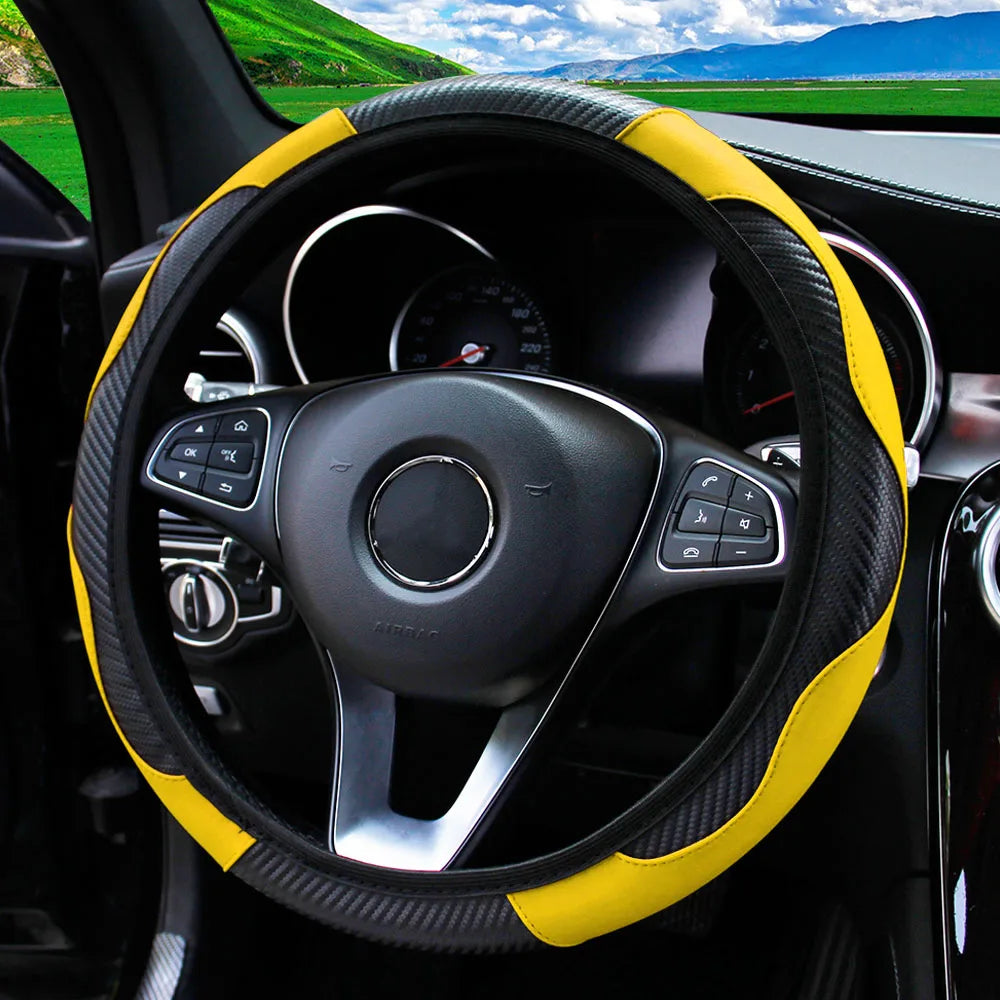 PU Carbon Fiber Leather Steering Wheel Cover – Universal Fit for 14.5–15 Inch Car Steering Wheels