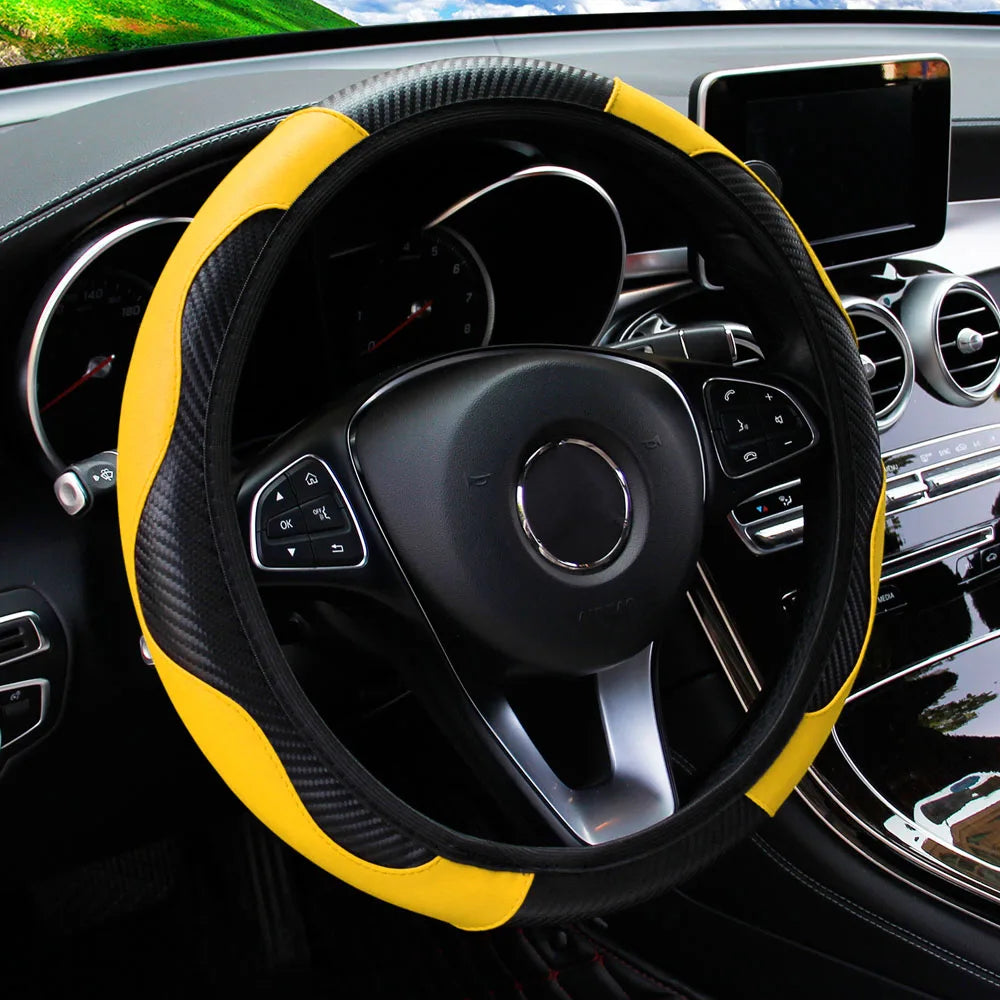 PU Carbon Fiber Leather Steering Wheel Cover – Universal Fit for 14.5–15 Inch Car Steering Wheels