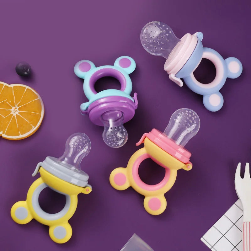 Baby fruit feeder pacifier made from food-grade silicone for safe fruit feeding and teething relief for infants and toddlers