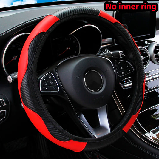 Carbon fiber PU leather steering wheel cover for cars with universal 14.5–15 inch fit