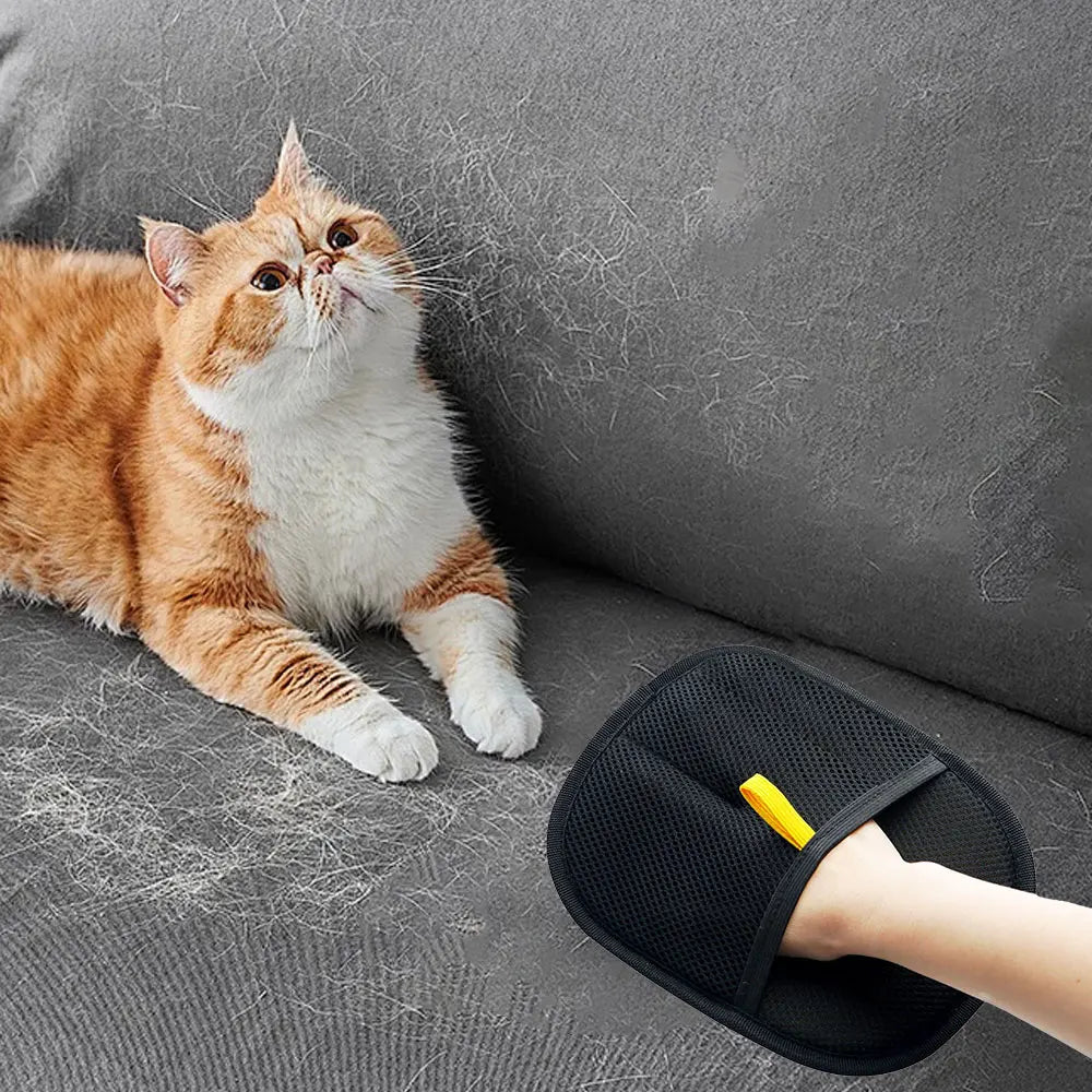 Pet grooming and deshedding glove for removing dog and cat hair from clothes and furniture