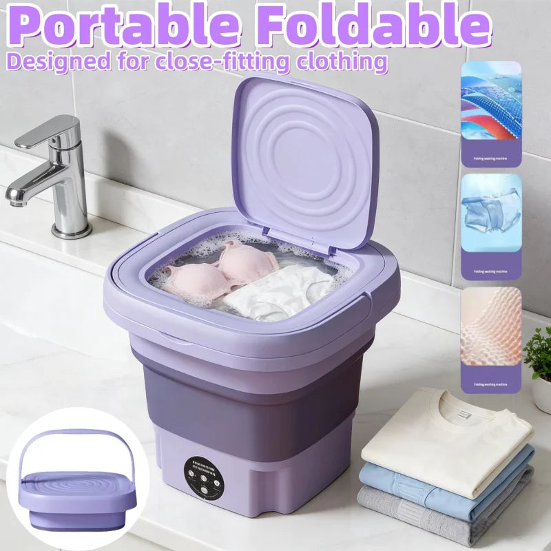 Portable folding washing machine with spin dryer bucket, compact design for travel and small apartments