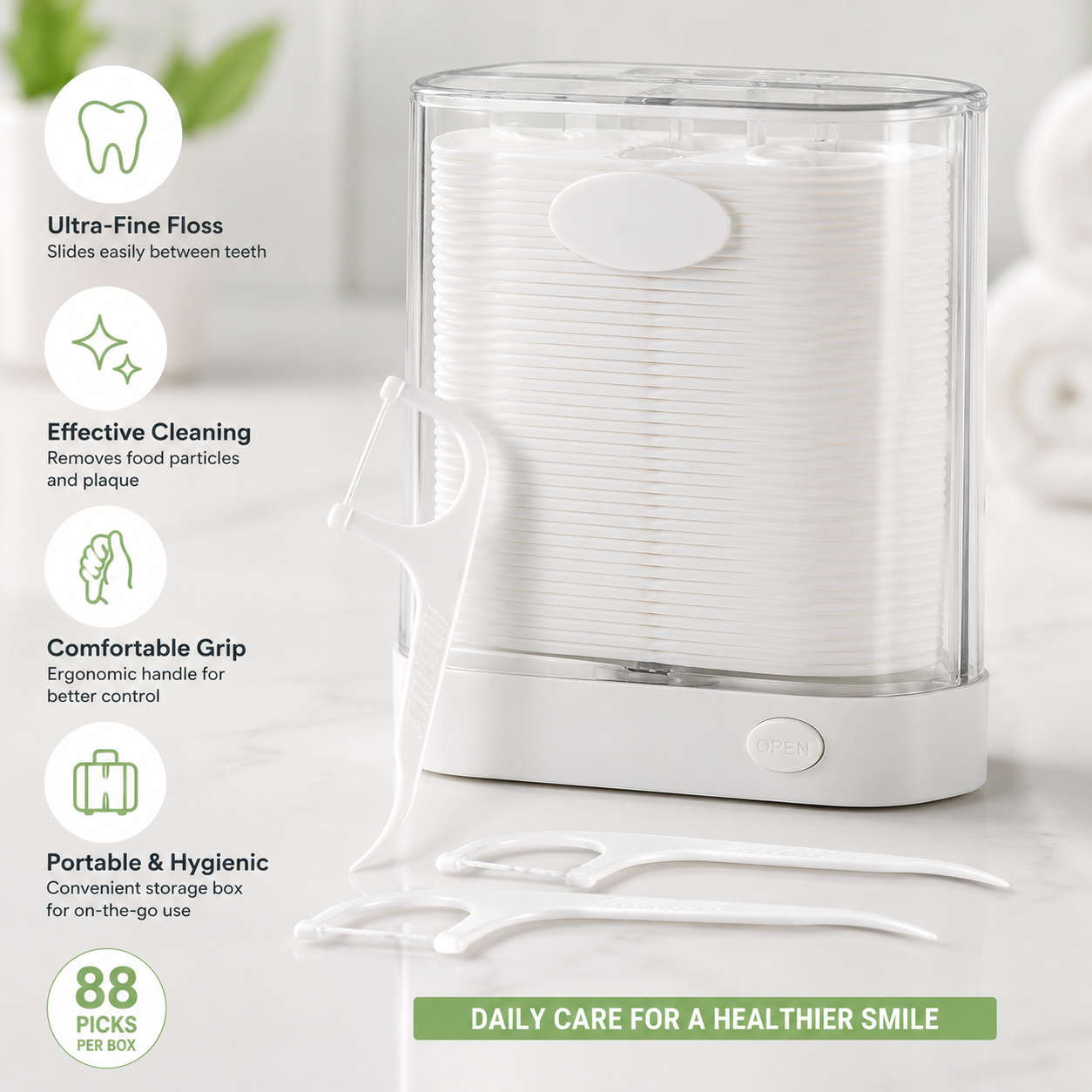 Portable dental floss picks dispenser with ultra-fine floss for plaque removal and daily oral care